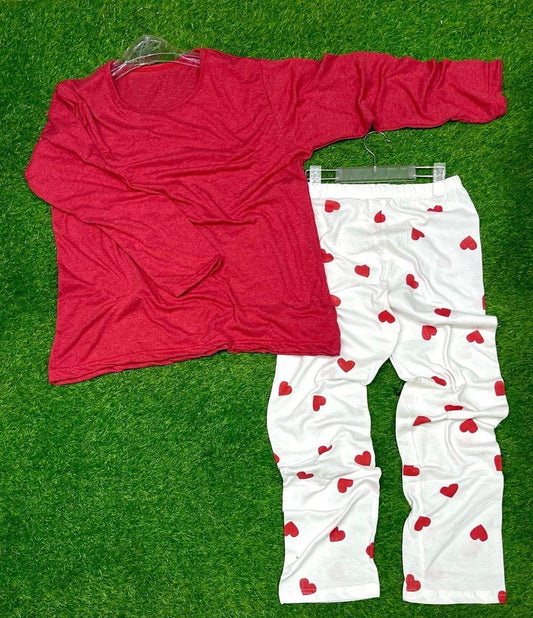 Women’s Plain Cotton Jersey Night Suit – 2 Pcs Sleepwear Set (Standard Size, Red)