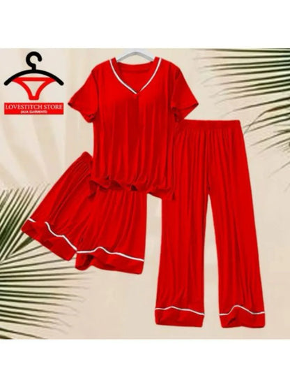 Women’s 3 Pcs Plain Silk Night Suit Set – Sleep Shirt, Trouser & Shorts (Red) - JSJunoon.com