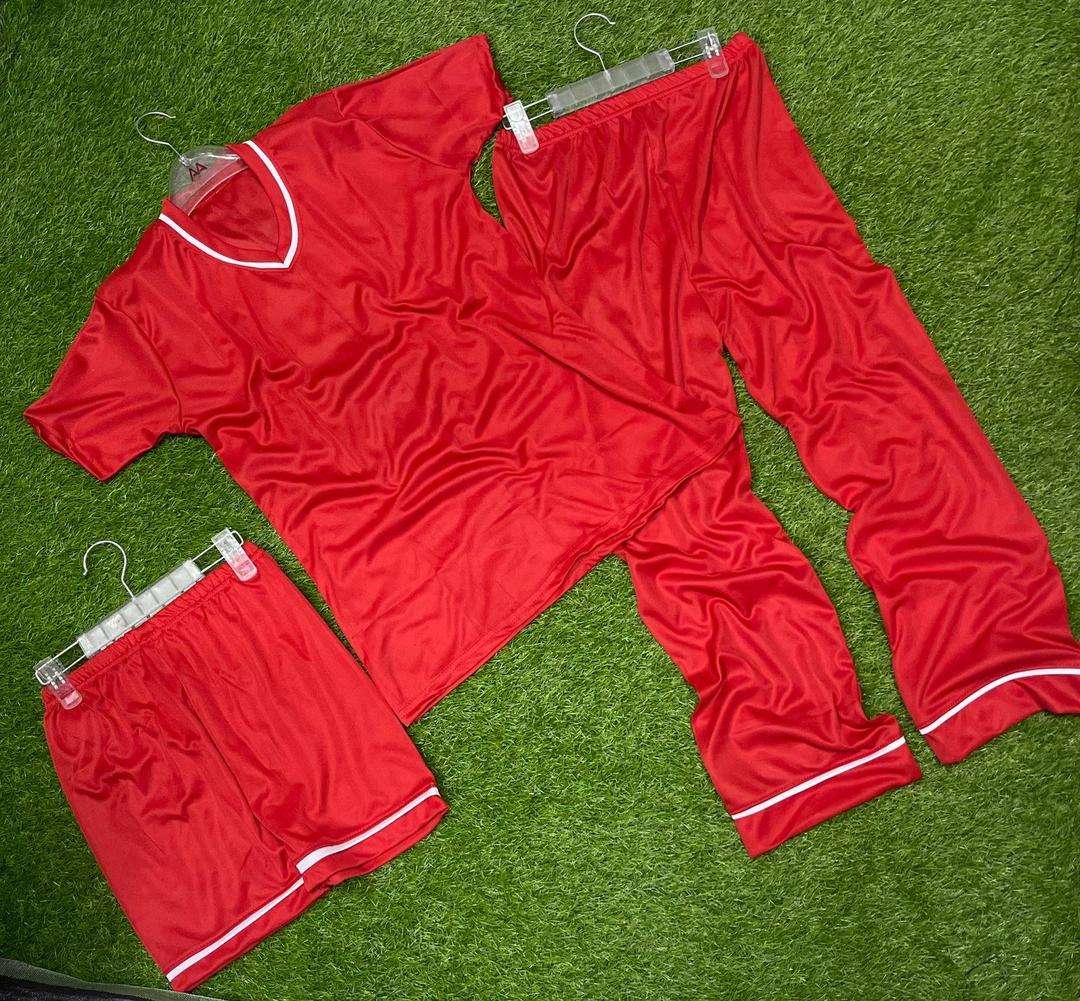 Women’s 3 Pcs Plain Silk Night Suit Set – Sleep Shirt, Trouser & Shorts (Red)