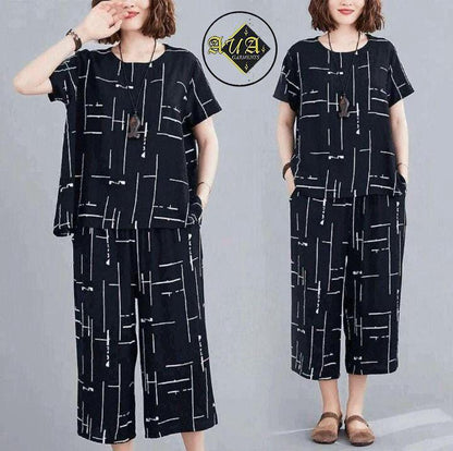 Women’s Printed Cotton Jersey Capri Night Suit – 2 Pcs Sleepwear Set (Standard Size, Black) - JSJunoon.com