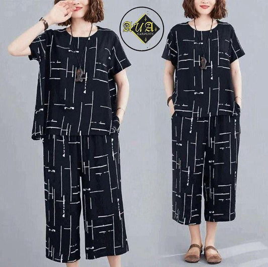 Women’s Printed Cotton Jersey Capri Night Suit – 2 Pcs Sleepwear Set (Standard Size, Black)
