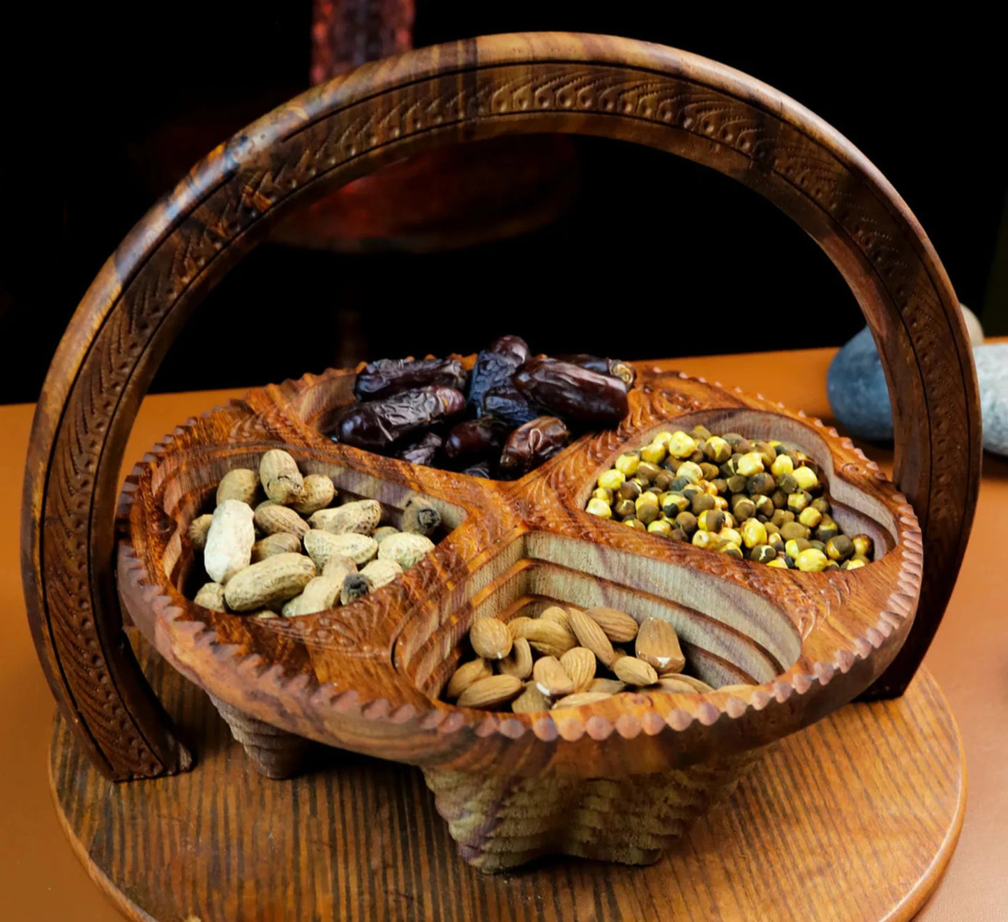 JS Junoon Deal-4 | Wooden Dry Fruit Basket + Set of 3 Handcrafted Fruit Baskets – Traditional Kitchen & Dining Combo