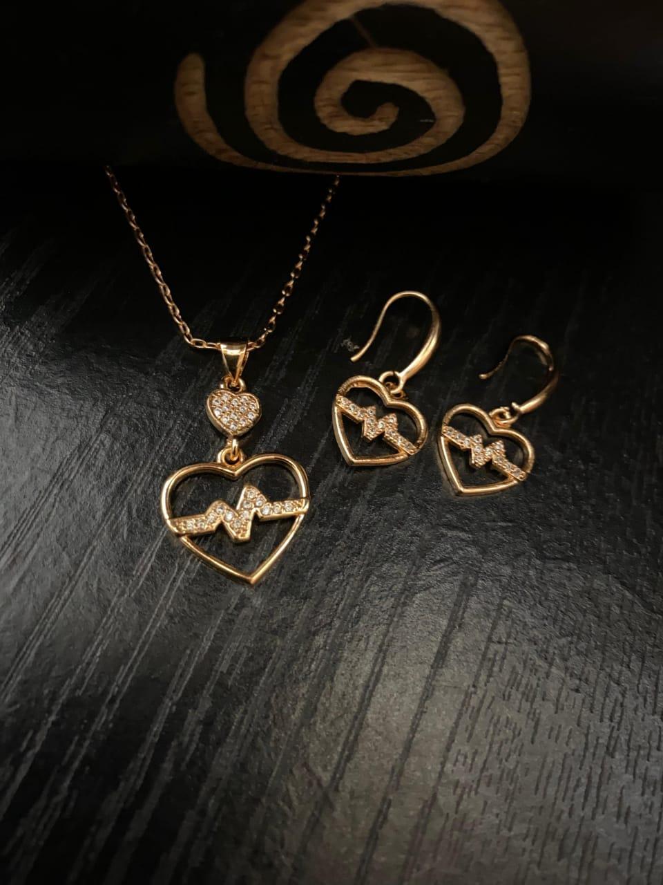 JS Junoon Heartbeat Design Gold Plated Crystal Pendant Set – 3 Pcs Women’s Jewelry
