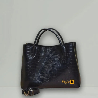 Women’s PU Leather Printed Handbag Set – 2 Pcs, Top Handle, Black - JSJunoon.com