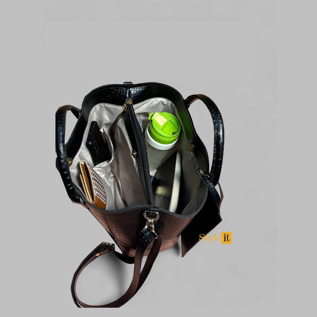 Women’s PU Leather Printed Handbag Set – 2 Pcs, Top Handle, Black