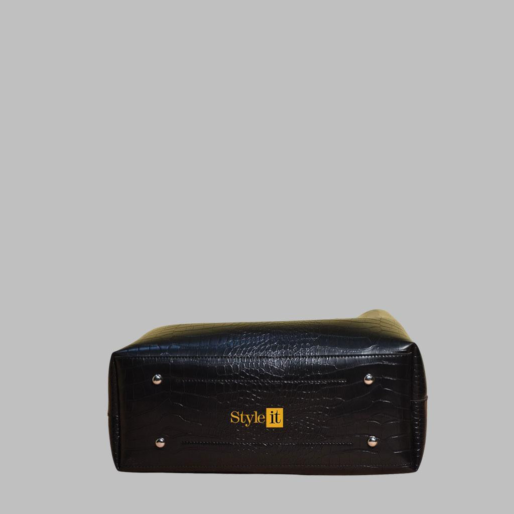 Women’s PU Leather Printed Handbag Set – 2 Pcs, Top Handle, Black