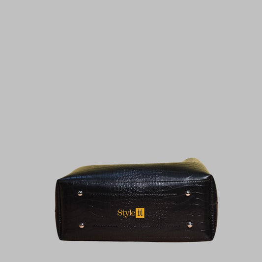 Women’s PU Leather Printed Handbag Set – 2 Pcs, Top Handle, Black