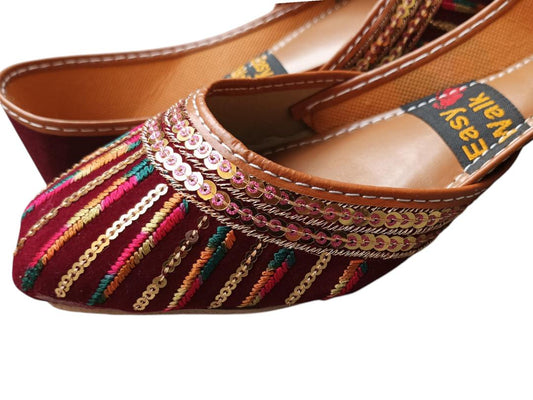 JS Junoon Women's Velvet Embroidered Semi-Formal Khussa – Elegant Maroon Traditional Footwear