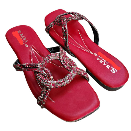 JS Junoon Women’s Satin Rhinestone Formal Flats – Maroon – Sizes 6–10