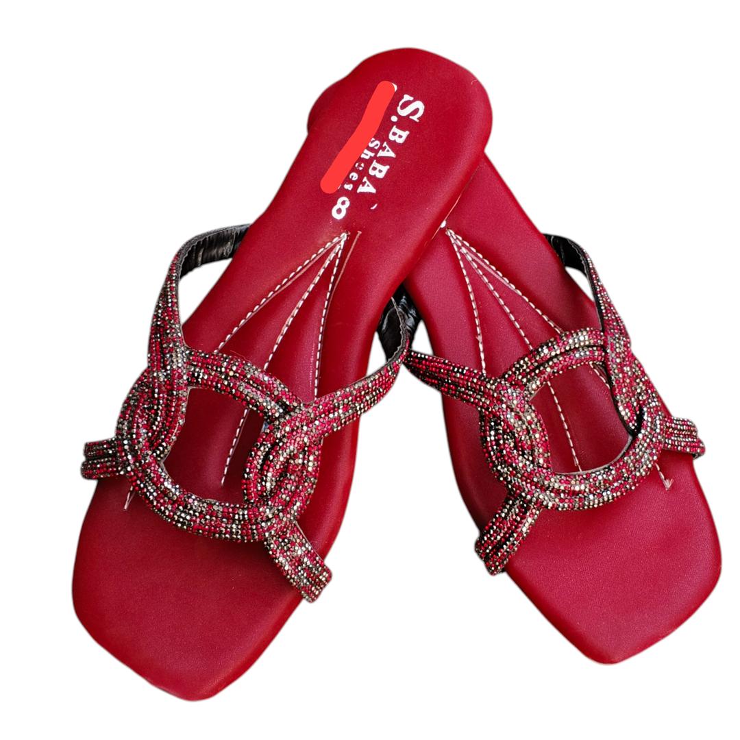 JS Junoon Women’s Satin Rhinestone Formal Flats – Maroon – Sizes 6–10