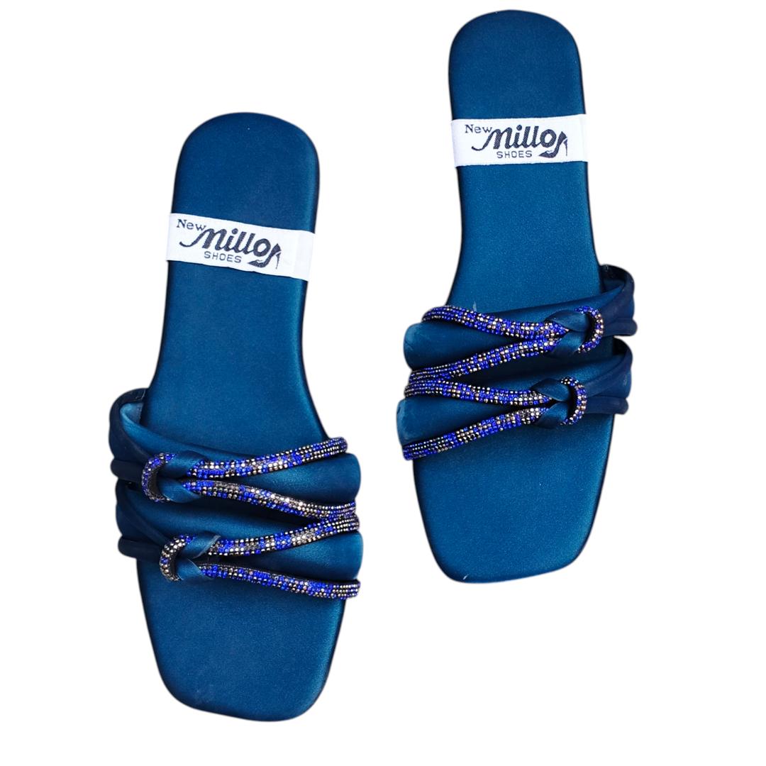 JS Junoon Women’s Satin Rhinestone Casual Flats – Blue – Sizes 6–10