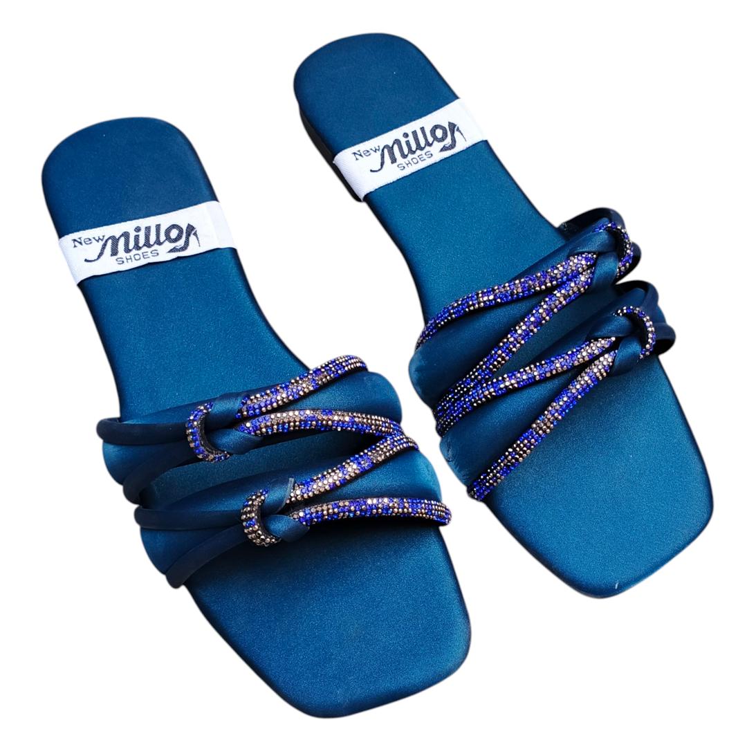 JS Junoon Women’s Satin Rhinestone Casual Flats – Blue – Sizes 6–10