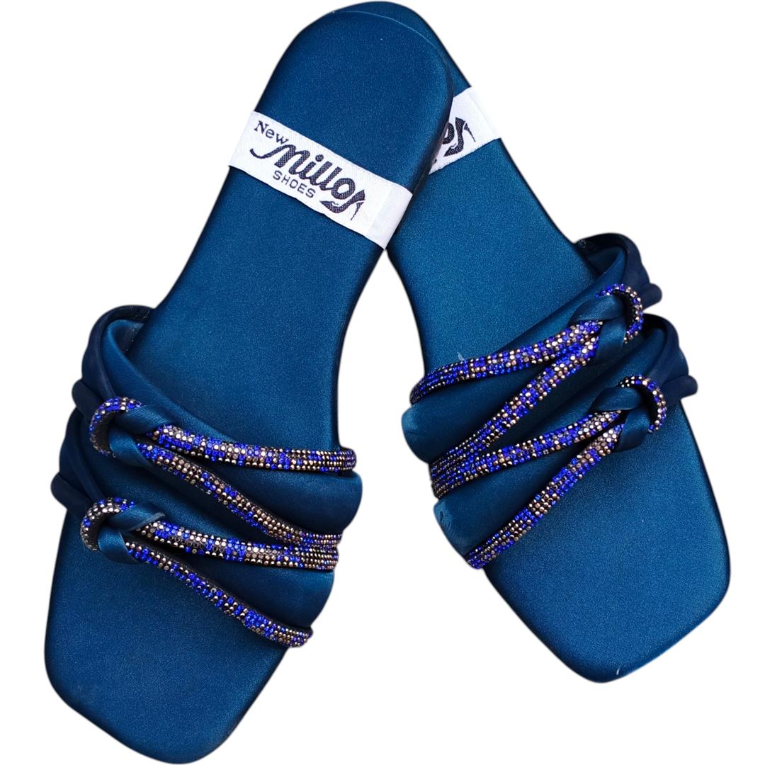 JS Junoon Women’s Satin Rhinestone Casual Flats – Blue – Sizes 6–10