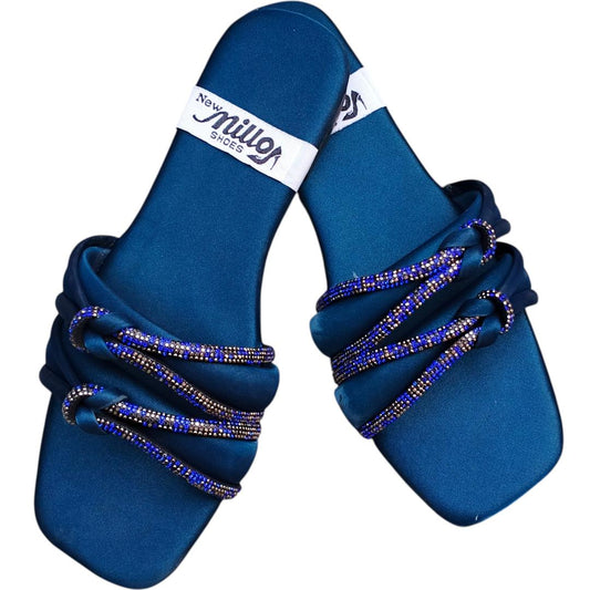 JS Junoon Women’s Satin Rhinestone Casual Flats – Blue – Sizes 6–10