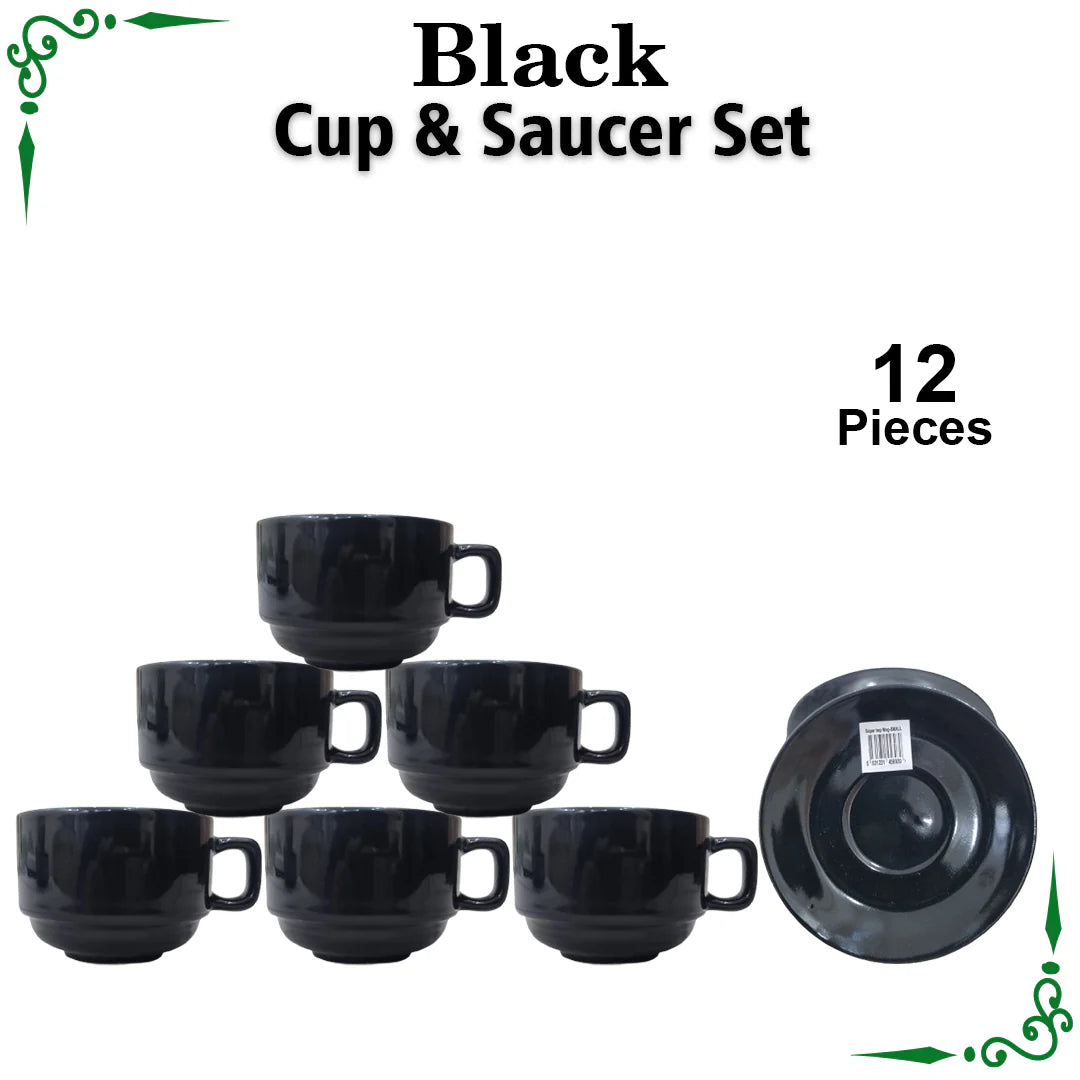 JS Junoon Black Super Lamp Cup & Saucer Set – 12-Piece Premium Tea & Coffee Drinkware