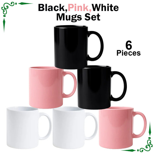 JS Junoon Black, Pink & White Mug Set – 6-Piece, Perfect for Tea & Coffee