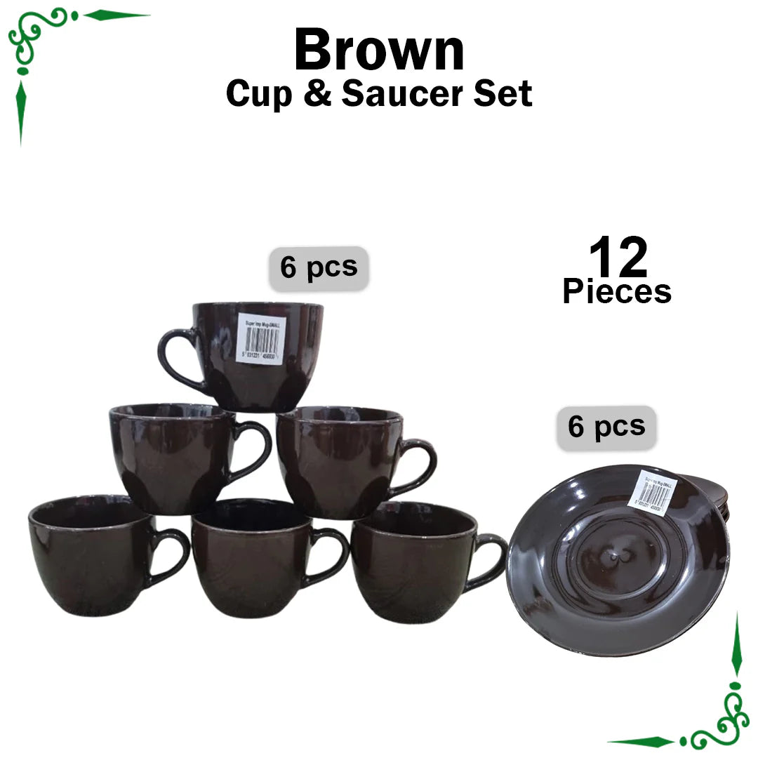 JS Junoon Brown Cup & Saucer Set – 12-Piece Premium Tea & Coffee Drinkware