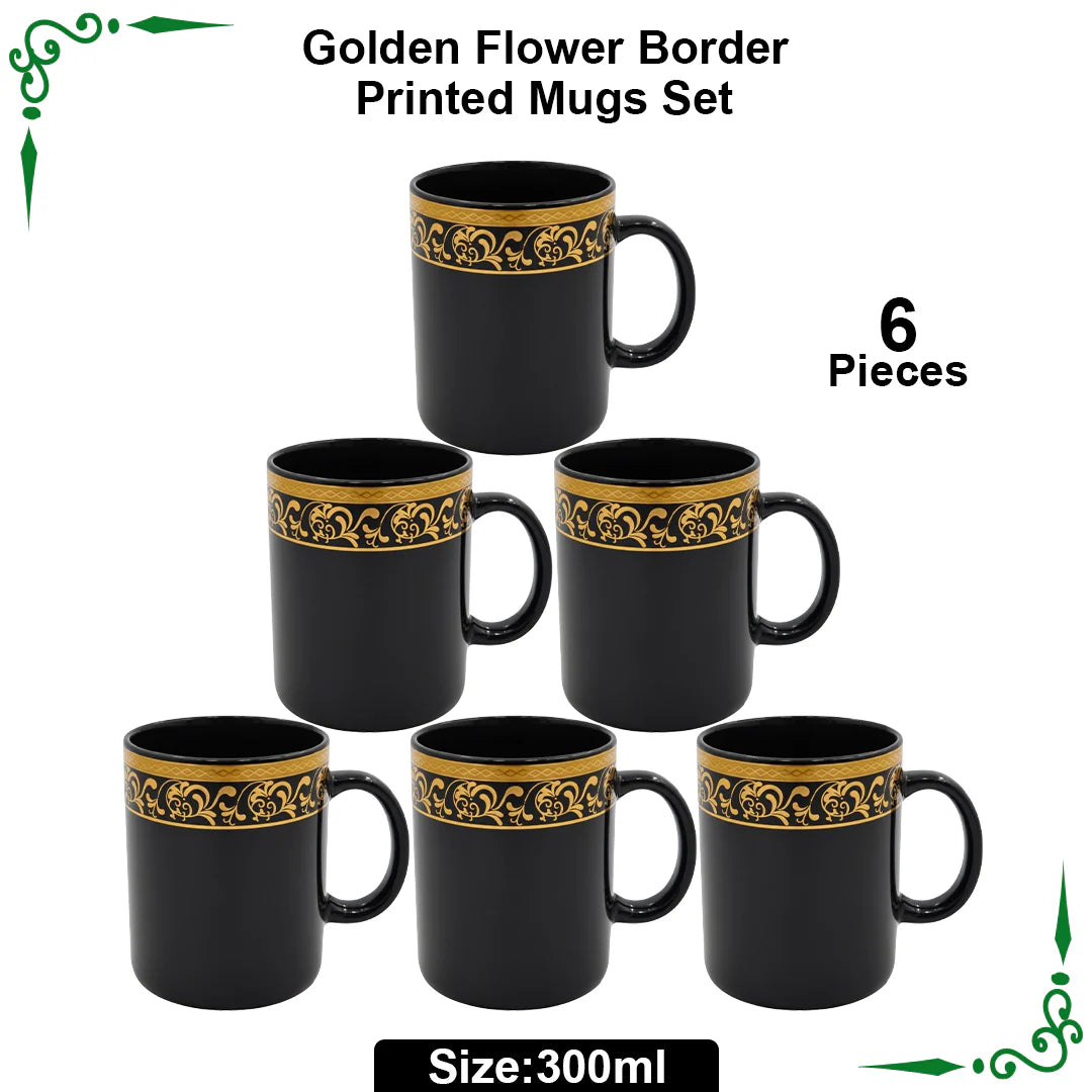 JS Junoon Golden Flower Border Printed Mugs Set – 300ml Medium, Perfect for Juice, Tea & Coffee