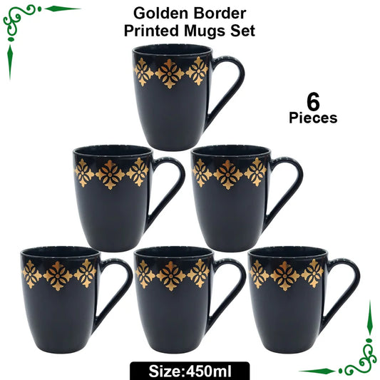 JS Junoon Golden Border Printed Mugs Set – 6-Piece, 450ml Large, Perfect for Juice, Tea & Coffee
