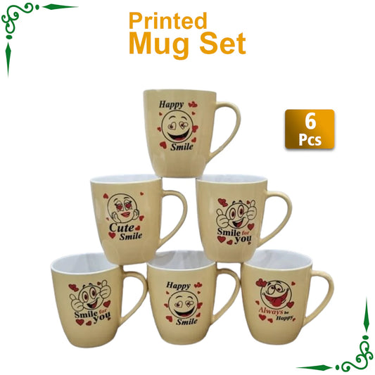 JS Junoon New Smile Printed Yellow Mugs Set – 6-Piece, Perfect for Juice, Tea & Coffee