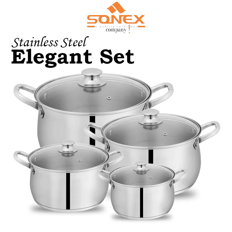 JS Junoon Sonex Stainless Steel Elegant Set – 8 Pcs with Glass Lids Durable Cookware