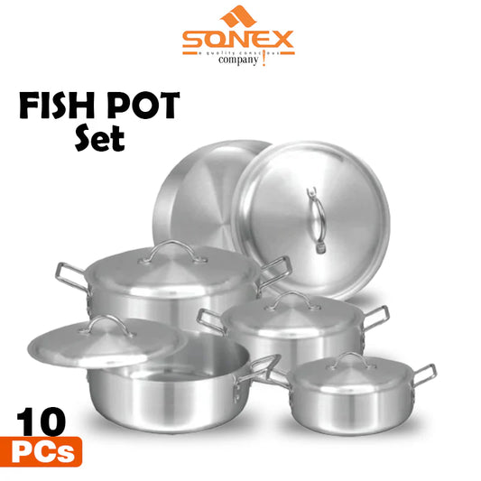 JS Junoon Sonex Metal Finish Fish Pot Set – 10 Pcs Durable Aluminum Cookware for Cooking
