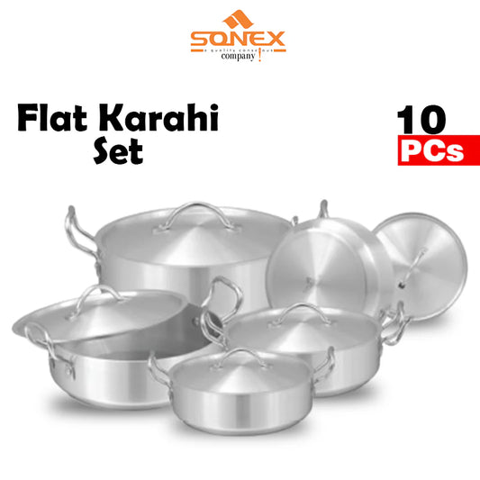 JS Junoon Sonex Metal Finish Flat Karahi Set – 10 Pcs Durable Cooking Pots