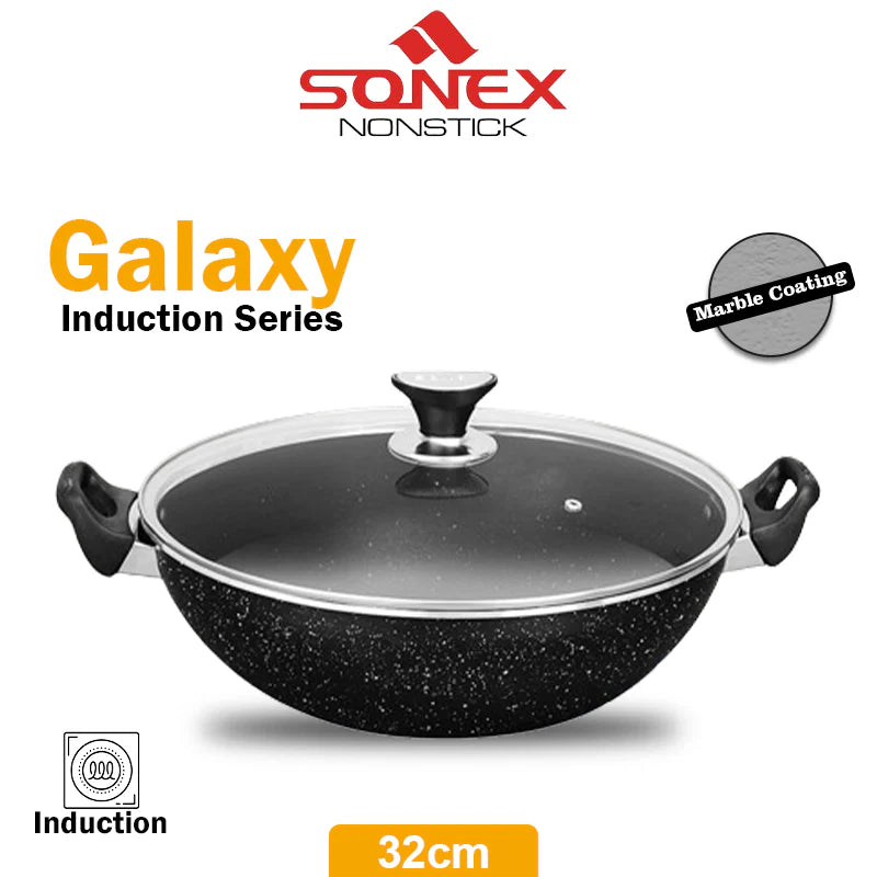 JS Junoon Sonex Nonstick Galaxy Karahi/Wok – 32 cm Marble Coated, Induction Compatible with Glass Lid