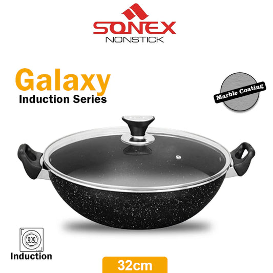 JS Junoon Sonex Nonstick Galaxy Karahi/Wok – 32 cm Marble Coated, Induction Compatible with Glass Lid