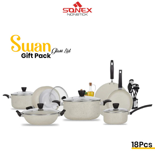 JS Junoon Sonex Nonstick Swan Gift Pack – 18 Pcs Premium Cookware Set with Glass Lids