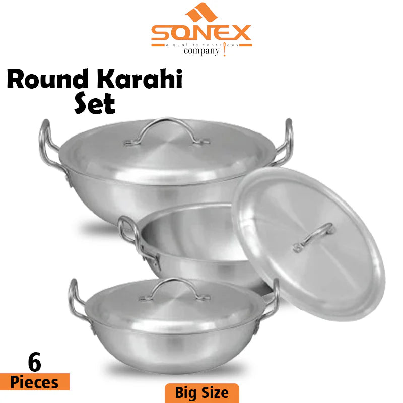 JS Junoon Sonex Metal Finish Round Karahi Set – 6 Pcs Large Size Cooking Set