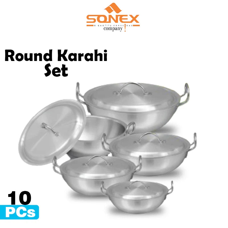 JS Junoon Sonex Metal Finish Round Karahi Set – 10 Pcs Durable Cooking Pots