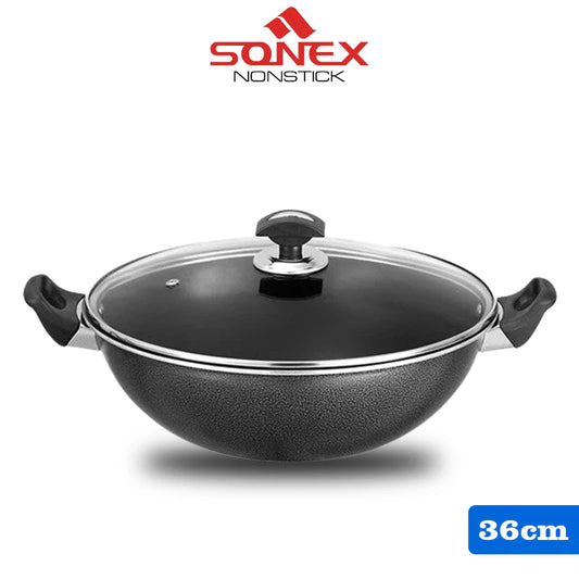 JS Junoon Sonex GL Cooking Wok with Glass Lid – 36/40 cm Nonstick Karahi