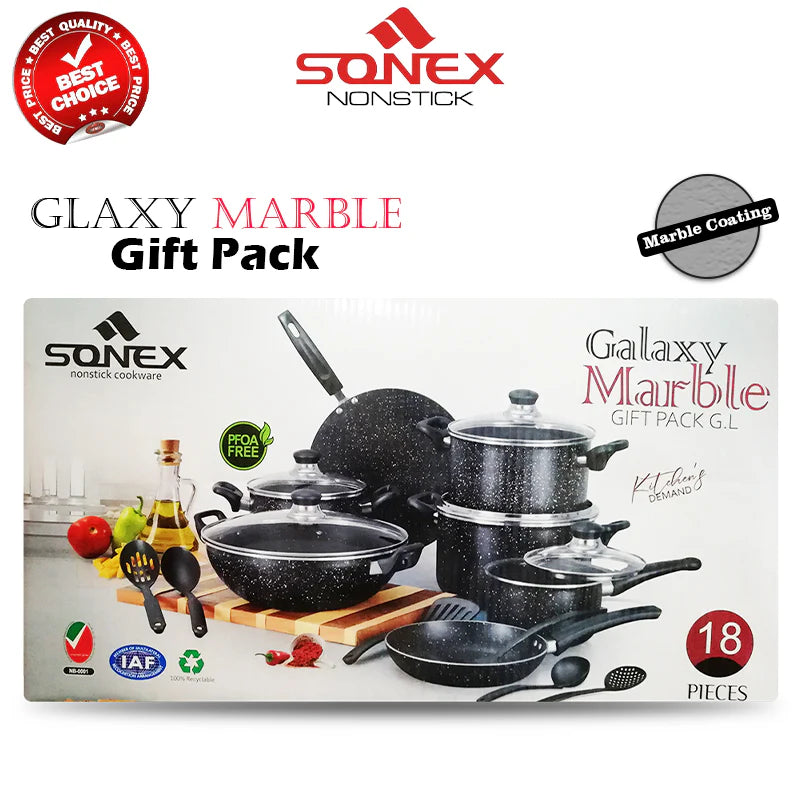 JS Junoon Sonex Galaxy Marble Gift Pack – 18Pcs Non Stick Cookware Set (Marble Coating)