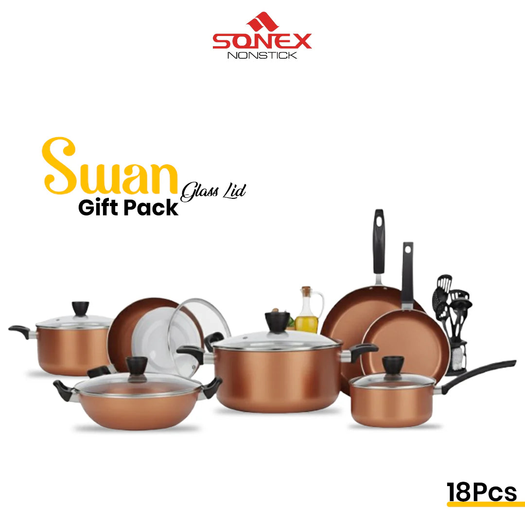 JS Junoon Sonex Nonstick Swan Gift Pack – 18 Pcs Premium Cookware Set with Glass Lids