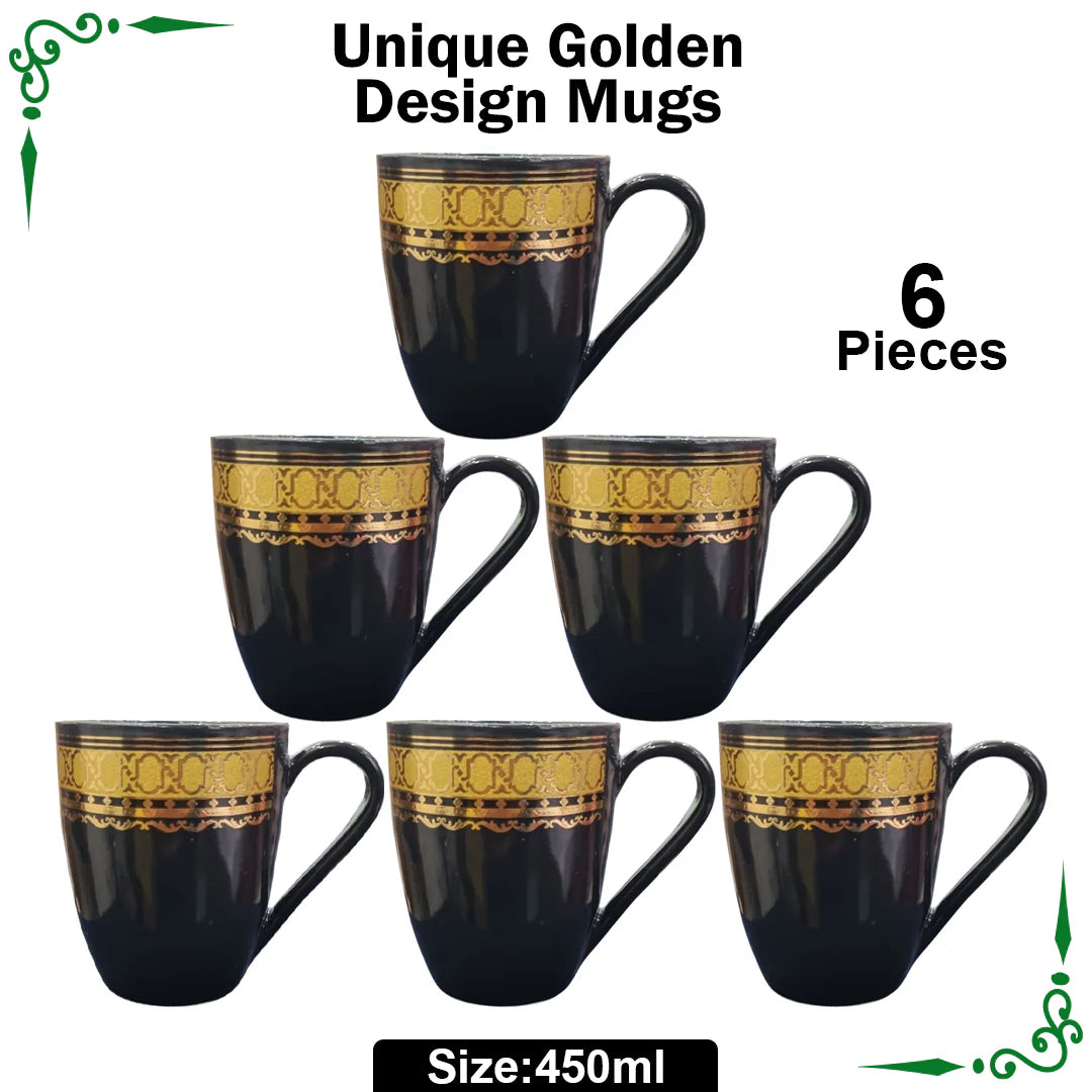 JS Junoon Unique Golden Design Mugs Set – 6-Piece, 450ml Large, Perfect for Juice, Tea & Coffee