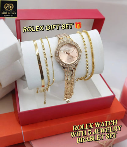 olex Girls Diamond Jewelry Watch Gift Set – 5-Piece Bracelet Combo with Premium Chain & VIP Gift Box – Elegant Women's Fashion Set - JSJunoon.com