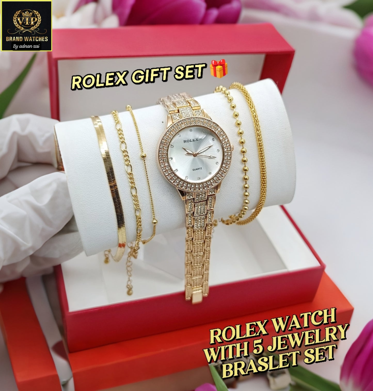 olex Girls Diamond Jewelry Watch Gift Set – 5-Piece Bracelet Combo with Premium Chain & VIP Gift Box – Elegant Women's Fashion Set