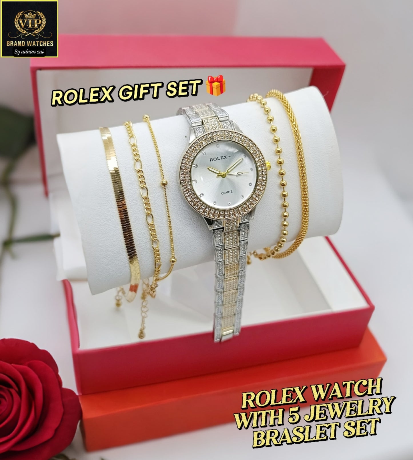 olex Girls Diamond Jewelry Watch Gift Set – 5-Piece Bracelet Combo with Premium Chain & VIP Gift Box – Elegant Women's Fashion Set