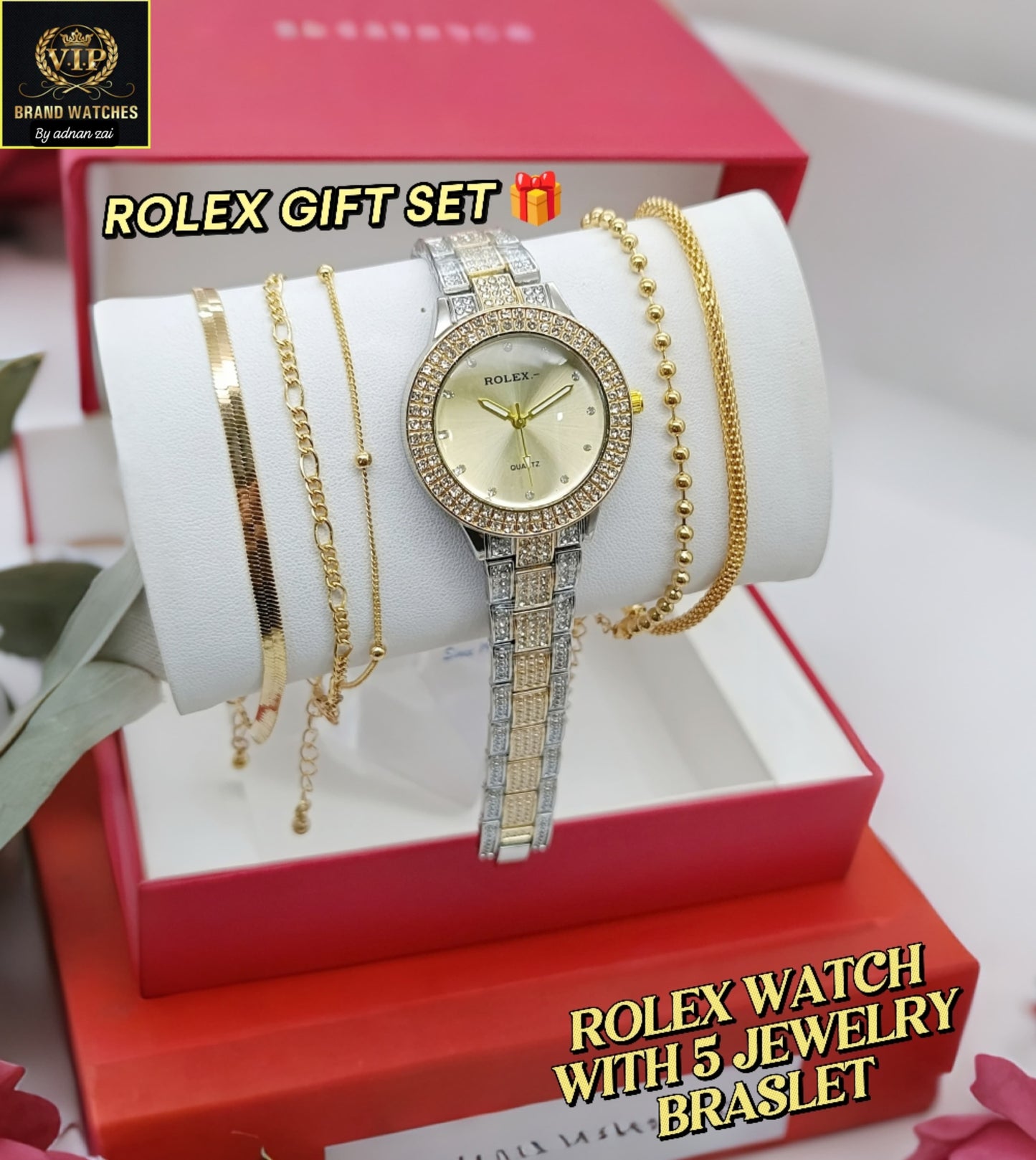 olex Girls Diamond Jewelry Watch Gift Set – 5-Piece Bracelet Combo with Premium Chain & VIP Gift Box – Elegant Women's Fashion Set