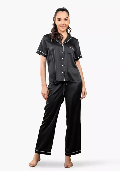 JS Junoon Pipin Silk Night Suit Set – Luxurious Imported Silk Shirt & Pajama for Women – Sizes M, L, XL - JSJunoon.com