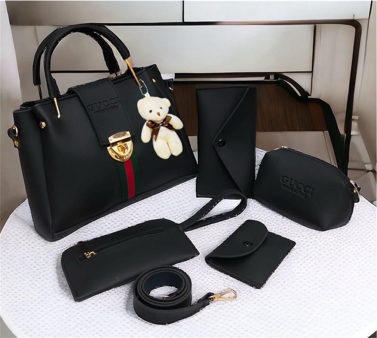 Gucci 5pcs Lock Style Set – High-Quality Bag with Makeup Pouch, Mobile Pouch, Glass Wallet, Coin Pouch & Long Wallet with Safety Lock (Without Bear Keychain) Available In Multicolors