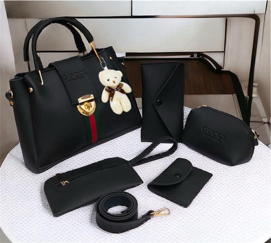 Gucci 5pcs Lock Style Set – High-Quality Bag with Makeup Pouch, Mobile Pouch, Glass Wallet, Coin Pouch & Long Wallet with Safety Lock (Without Bear Keychain) Available In Multicolors
