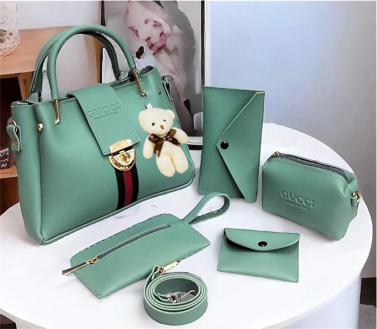 Gucci 5pcs Lock Style Set – High-Quality Bag with Makeup Pouch, Mobile Pouch, Glass Wallet, Coin Pouch & Long Wallet with Safety Lock (Without Bear Keychain) Available In Multicolors