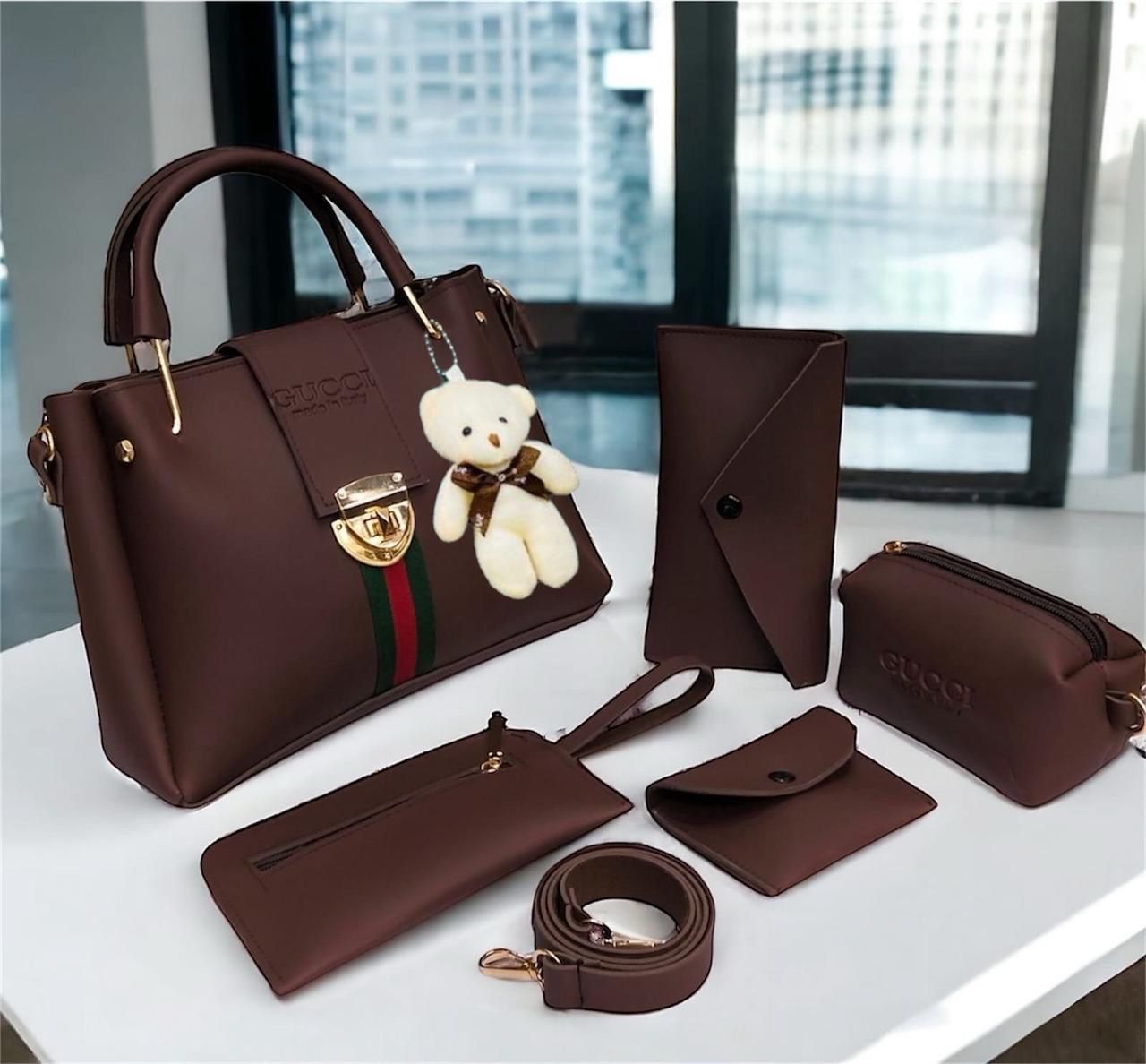 Gucci 5pcs Lock Style Set – High-Quality Bag with Makeup Pouch, Mobile Pouch, Glass Wallet, Coin Pouch & Long Wallet with Safety Lock (Without Bear Keychain) Available In Multicolors