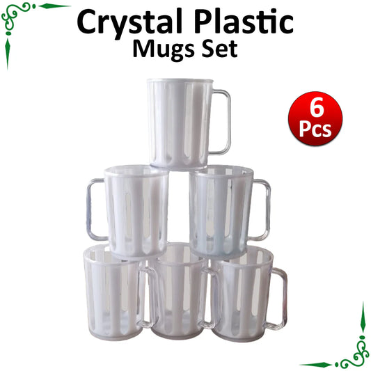 JS Junoon White Crystal Plastic Mugs Set – 6-Piece, 400ml, Perfect for Juice, Tea & Coffee
