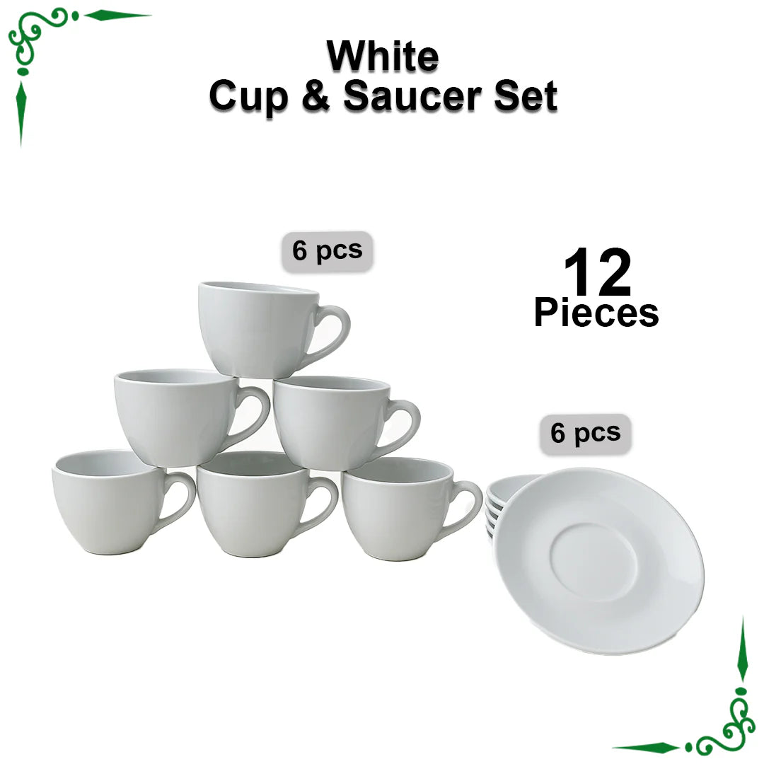 JS Junoon White Super Cup & Saucer Set – 12-Piece Premium Tea & Coffee Drinkware Collection