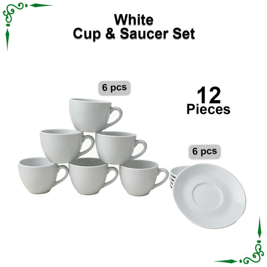 JS Junoon White Super Cup & Saucer Set – 12-Piece Premium Tea & Coffee Drinkware Collection