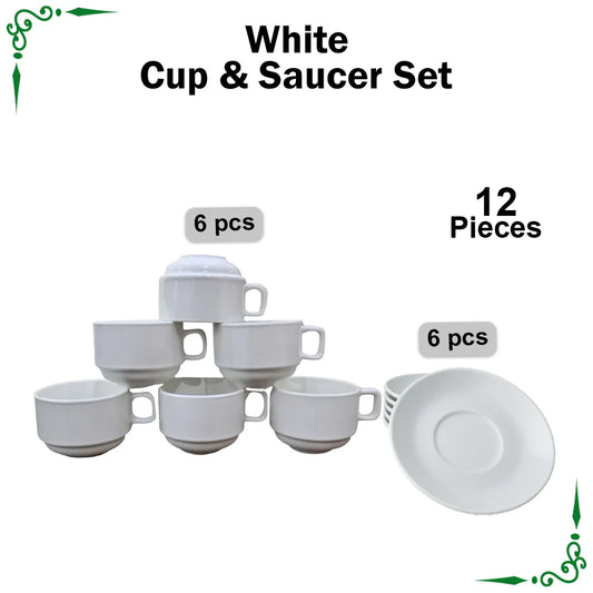 JS Junoon White Super Lamp Cup & Saucer Set – 12-Piece Premium Tea & Coffee Drinkware
