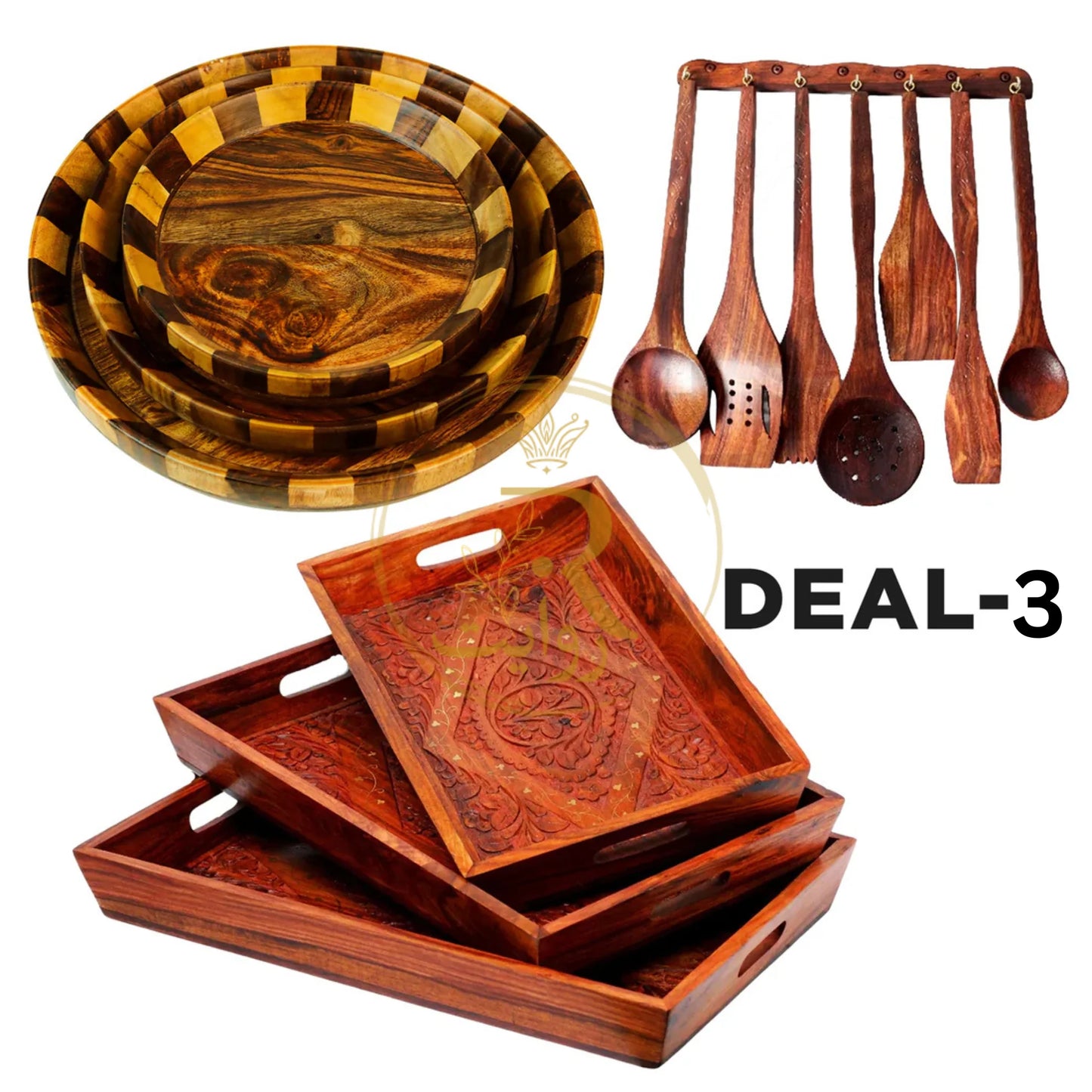 JS Junoon Deal-3 | Wooden Serving Tray Set of 3 + Wooden Plate Set + 8-Piece Wooden Cooking Spoon Set – Handcrafted Kitchen Combo